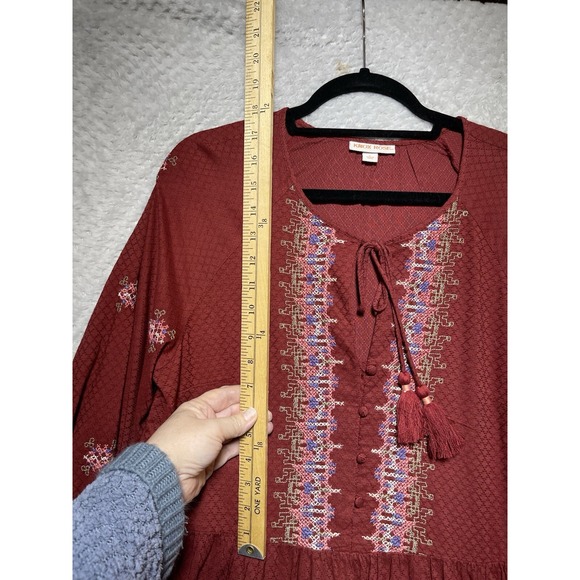 Knox Rose Maroon Boho Prairie Embroidered Long Sleeve Knee Length Dress L - Picture 9 of 13